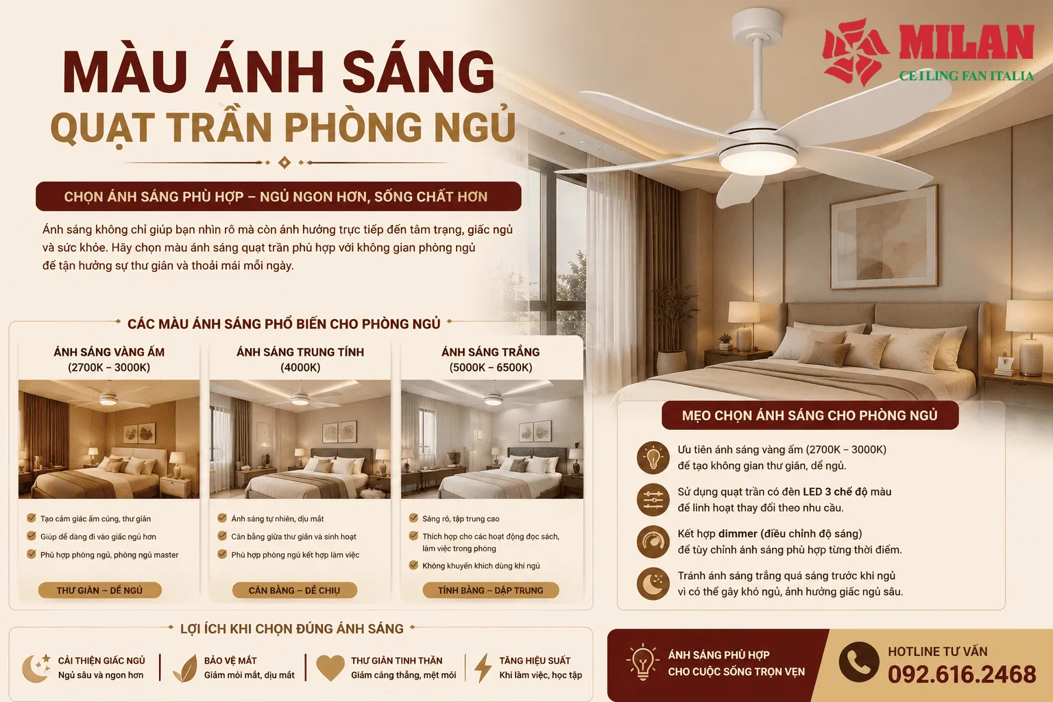 màu ánh sáng quạt trần phòng ngủ